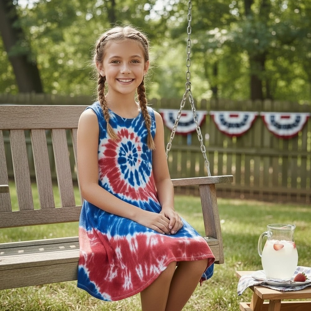 Girls Red White Blue Tie Dye Swirl Sleeveless Summer Dress Patriotic XL 16